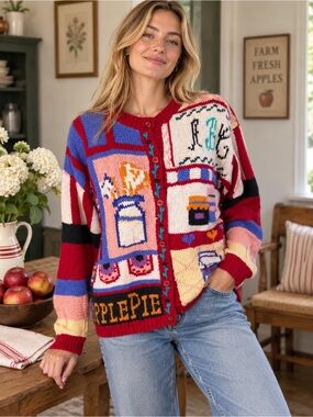Vintage 90s IVY Apple Pie Novelty Knit Cardigan Cotton Blend S Granny Chic Fall